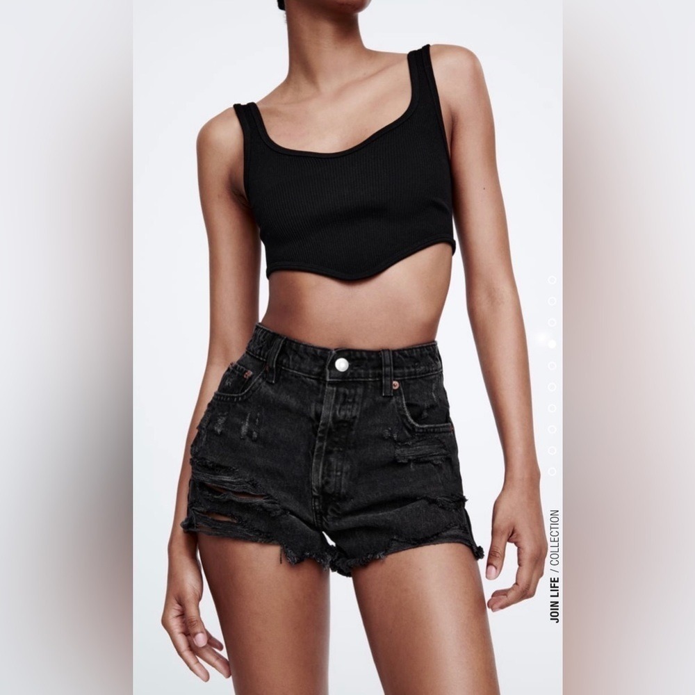 Zara High‎ Rise Distressed Denim Shorts Black Size 8 Button Fly Frayed 29" Waist